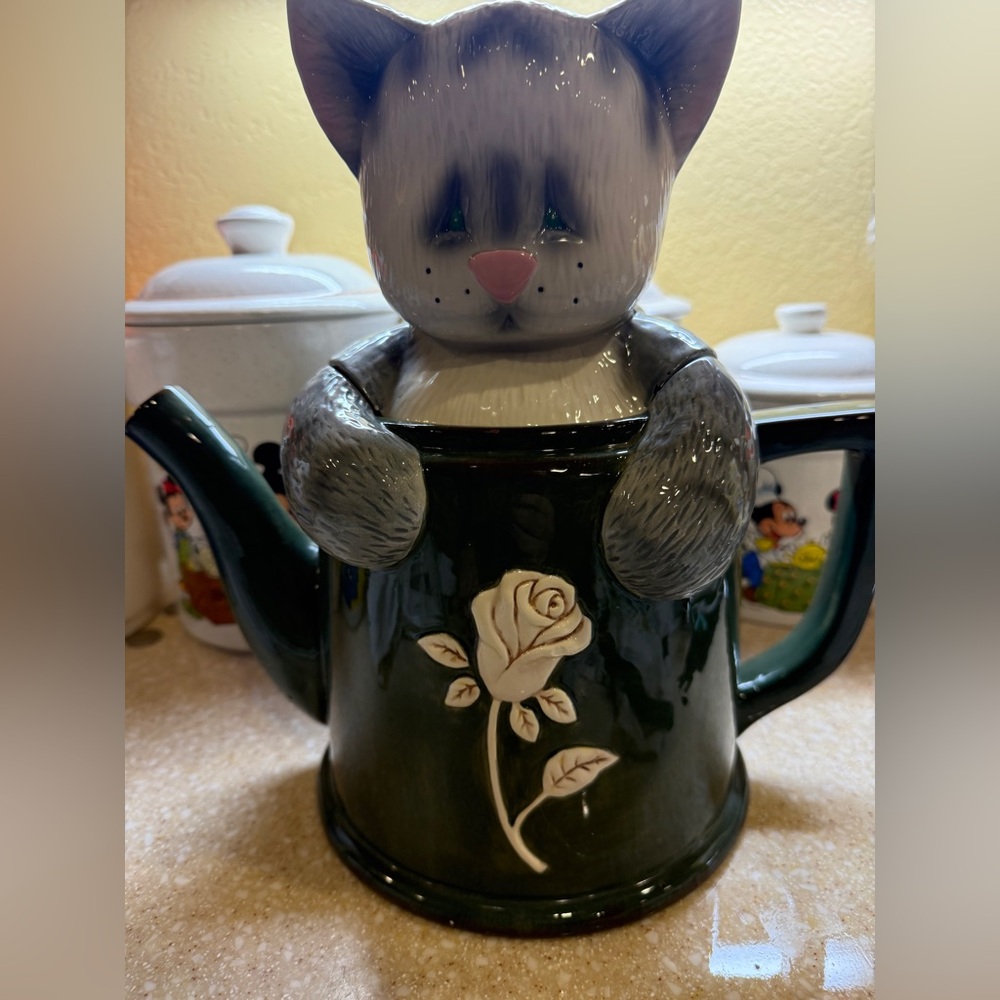 2004 Kenni-Kats Blue Sky Carvers Cat-Shaped Cookie Jar Cat in tea-pot Kitten - Picture 2 of 16